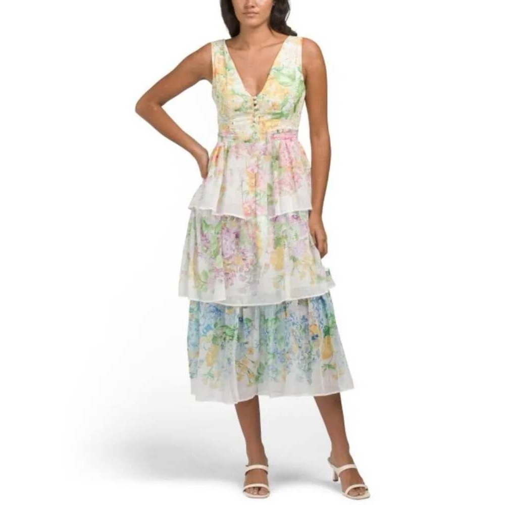 Dalia MacPhee Floral Chiffon Tiered Midi Dress Yellow Multi D1881 NWT large